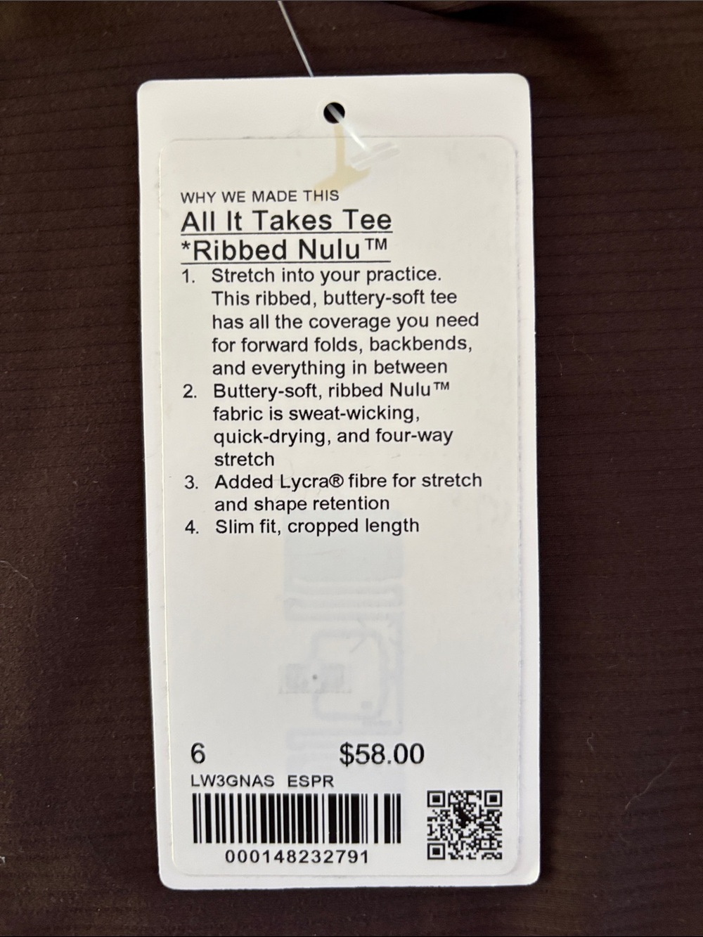 Lululemon All It Takes Ribbed Nulu Tee. Espresso. Size 6. NWT. - Picture 7 of 7